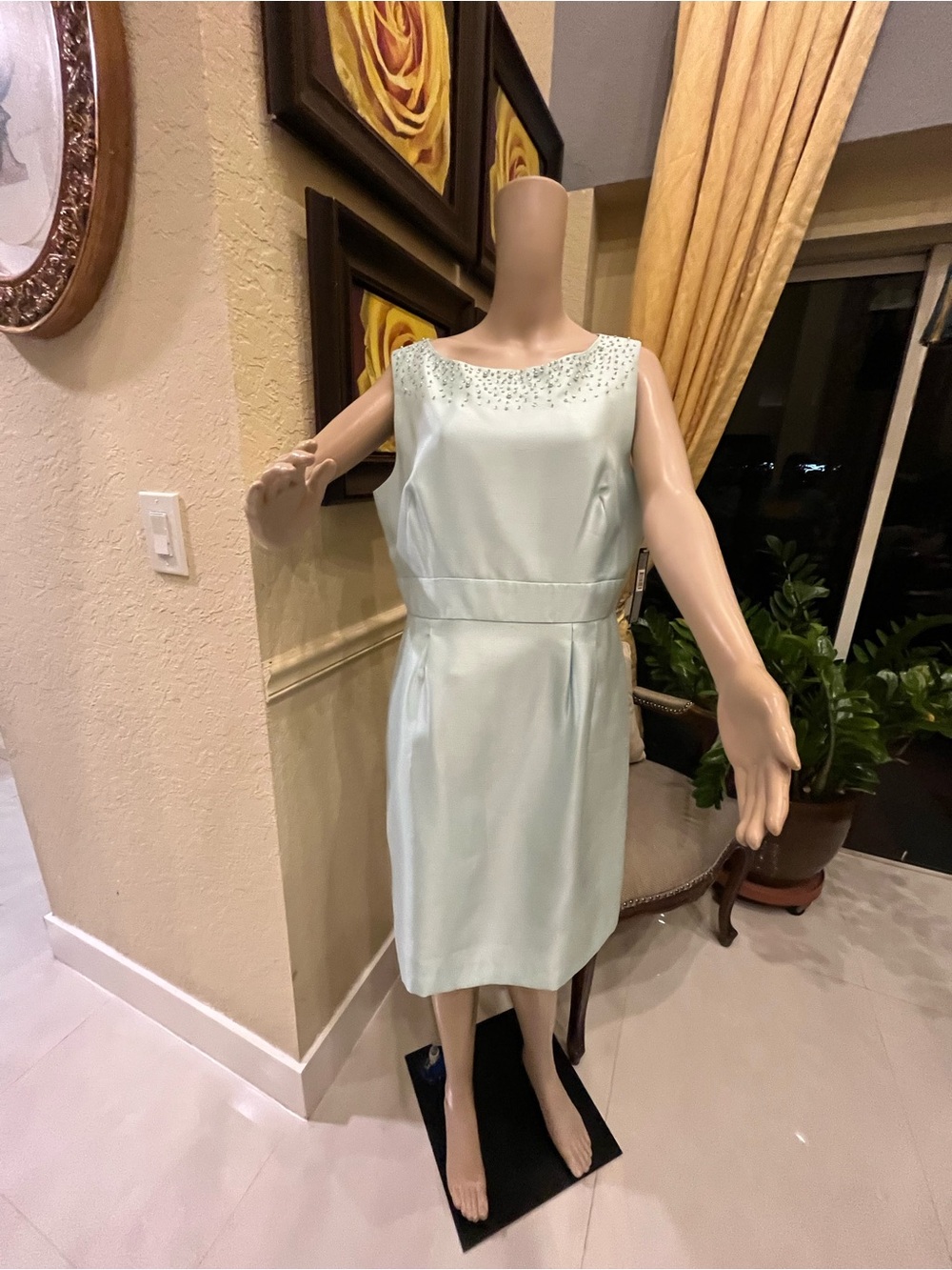 Tahari Mint Beaded Neckline Midi Sheath Dress